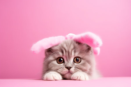 Easter themed banner featuring a amusing Scottish fold cat with bunny ears set against a pink backdrの素材