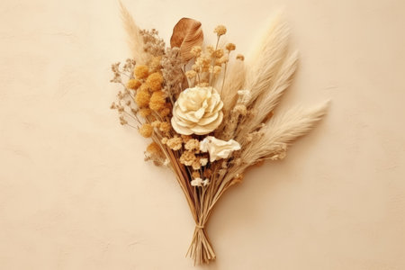 Dried flower bouquet on brown background flat lay Room for textの素材