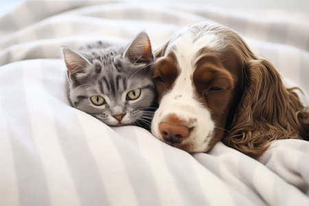 English Cocker spaniel puppy cuddles gray kitten Pets sleep under white blanket on bed Top down persの素材