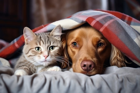 Dog and cat s friendship is displayed as dog hugs cat under the rug at homeの素材
