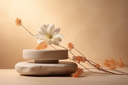 Empty stack of stones and dry flower on beige background Stone podium for cosmetics displayの素材