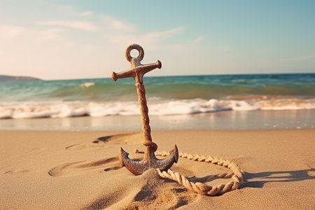 Empty space on sandy beach with wooden anchor and rope suitable for textの素材
