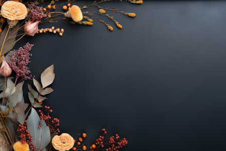Fall winter idea with dried flowers eucalyptus branches and berries on dark backdrop Plant frame Flaの素材