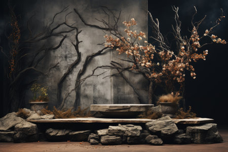 Empty podium with tree stone and dry flowers set against natural materialsの素材