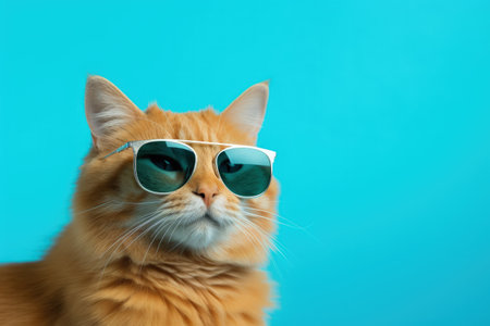 Funny ginger cat wearing sunglasses isolated on light cyan closeup portrait with copyspaceの素材
