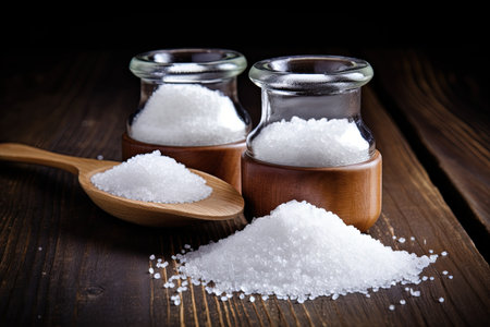 Epsom and coarse salt inside salt shaker on wooden tableの素材