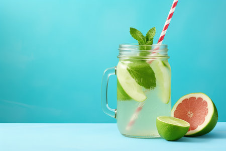 Fresh homemade lemonade with lime mint paper straw and bottle on blue backgroundの素材