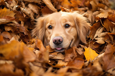 Golden Retriever Dog playing in leaves during Autumnの素材