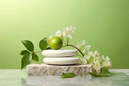Front view of a minimal beauty product presentation with lime ingredients on a stone podium along wiの素材