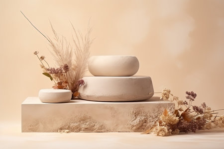 Eco podium for organic products made of stone with dried flower decoration on a beige backgroundの素材