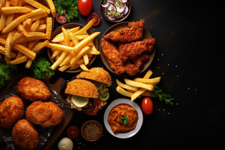 Fast food items onion rings fries and fried chicken on dark tabletop seen from aboveの素材
