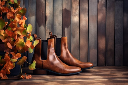 Fashionable chelsea boots depicted in stylish still life with wooden backdropの素材