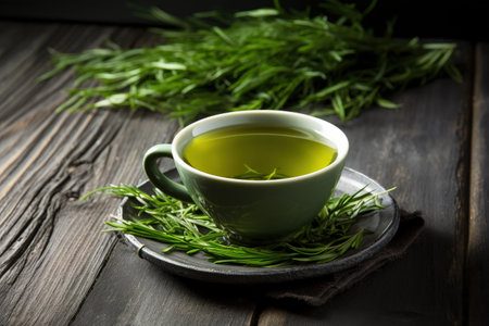 Green tea cup on a wooden backdropの素材