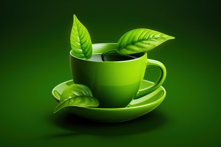 Green tea and leaves in a cupの素材