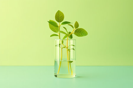 Fresh green and yellow plant in glass test tubes on pastel green background Close up top viewの素材