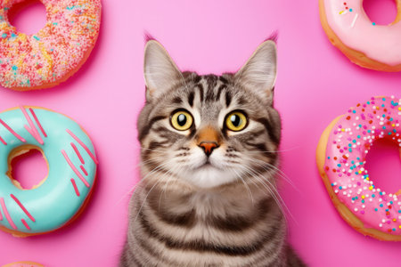Funny fast food poster for ad featuring a cat s head with donuts and ice cream on a pink backgroundの素材