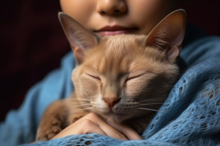 Girl gently pets sleeping Burmese catの素材