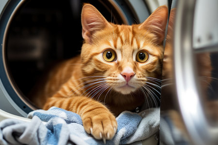Ginger tabby cat lying on bathroom washing machine adorable closeupの素材