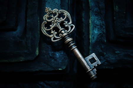 Gothic style macro shot of an ancient key in a keyhole symbolizes knowledge and serves as a conceptの素材