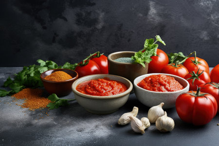Gray background with ingredients and tomato paste on bowlsの素材