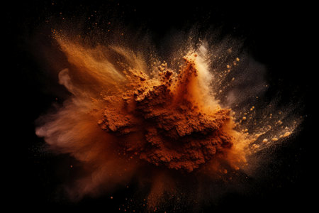 High res texture of abstract brown powder explosion on black bgの素材