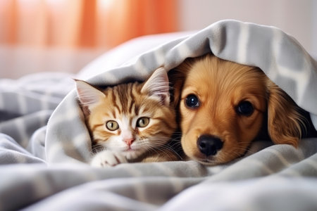 Horizontal panoramic banner image of a puppy and kitten under a blanket at homeの素材