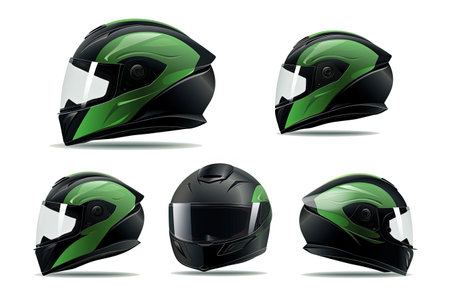 Green motorbike helmet with black brim isolated on white backgroundの素材