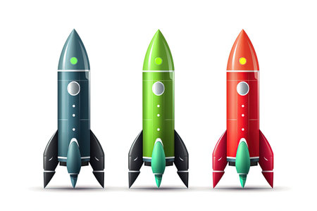 Gray black red and green rocket in space on white background Concept of missile launchの素材