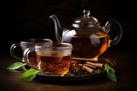 Indian spiced tea served in traditional glasses accompanied by kettle spices and tea leaves on a darの素材