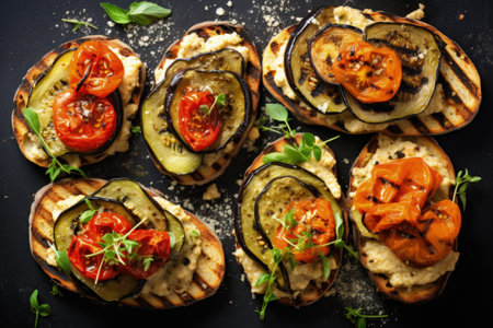 Grilled vegetables and hummus on toastの素材