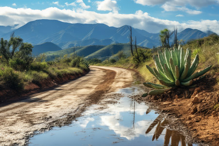 Ideal hiking road with puddles and agaves along the side mountains in the distance and a turquoise sの素材