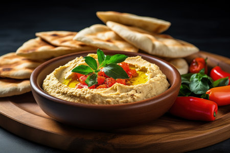 Hummus platter accompanied by seasoned pita garlic and basil infused peppersの素材