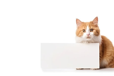 Humorous cat holds sign on white background for web bannerの素材