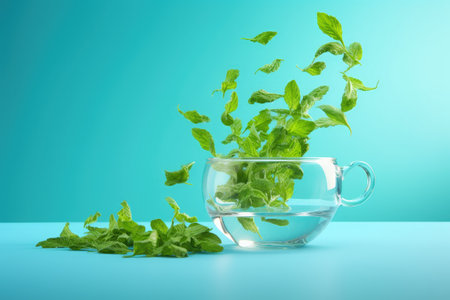High resolution image of levitating green tea leaves on a turquoise backgroundの素材