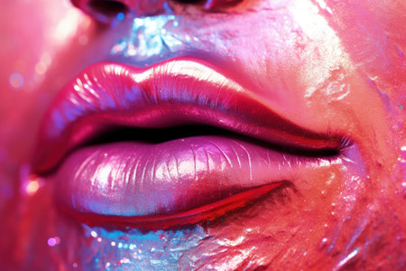 Holographic shimmering smudge background with red and pink lipstick textureの素材