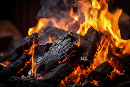 Hot coals burning woods and flames in a BBQ grill pit with glowing charcoal barbecue fire and ash Weの素材