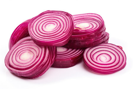Isolated white background with sliced red onion ringsの素材
