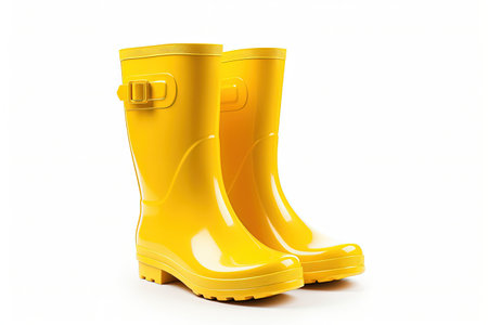 Isolated yellow rain boots on white backgroundの素材