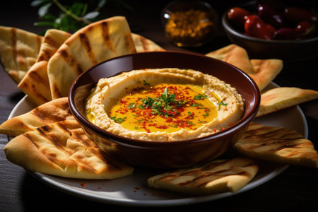 Hummus served with oil paprika lemon and pitaの素材