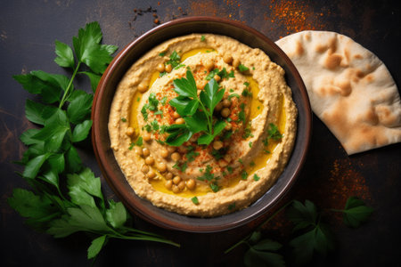 Hummus in dish with chickpeas and coriander served with Pita bread on stone tableの素材