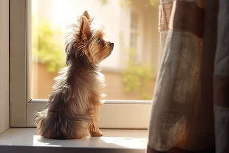 Indoor pet a cute small dog stands on hind legs gazes out window searching or waiting for ownerの素材