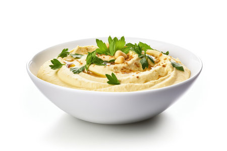 Isolated white background with hummus bowlの素材