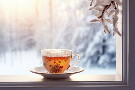 A cold winter day with a tea cup seen through a windowの素材
