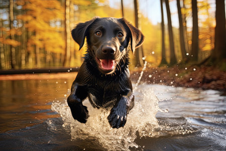 A puppy Labrador is frolicking in an autumn river with a beautiful faceの素材