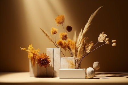 Abstract three dimensional compositions of geometric podiums and dried flowers on a brown backdrop wの素材