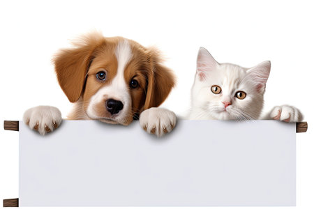 A white sign with a cute dog and cat ready for your messageの素材