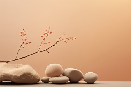 Abstract nature scene with stones dry branch neutral background Ideal for beauty product branding Naの素材