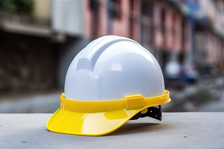 A white yellow and blue hard hat for safety project on a concrete floor in the cityの素材