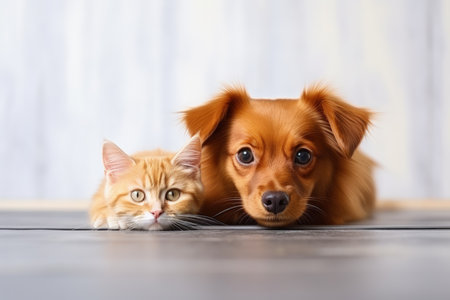 Adorable tiny dog and orange cat gazing at white banner with space for text belowの素材