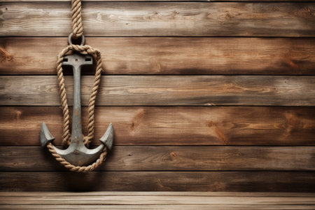 Anchor made of wood on wall background with ropeの素材